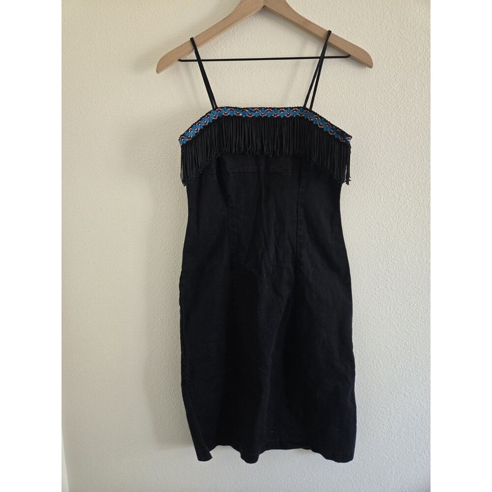 Vintage Y2k Womens Large Black Denim Fringe Beaded Festival Cowgirl Mini Dress - Picture 2 of 13